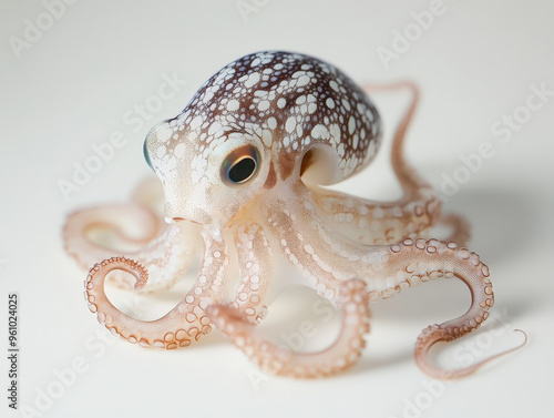 Inquisitive Baby Octopus Exploring Ivory Surface with Graceful Tentacles - Mesmerizing Colorful Patterns on Clean Backdrop