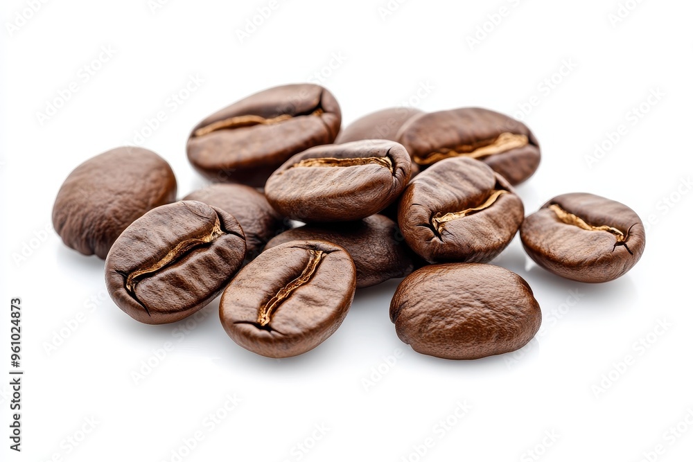 A collection of roasted coffee beans arranged on a white background. A collection of roasted coffee beans arranged on a white background.
