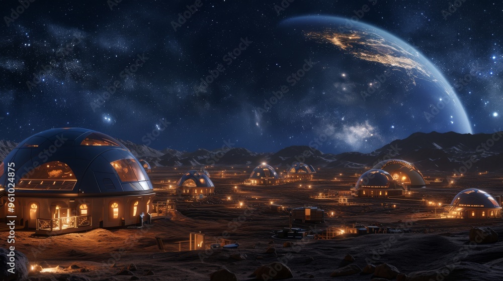 A serene nighttime scene of a colony with domed habitats under a starry sky, situated on a distant planet. The glowing lights from the domes create a tranquil atmosphere amidst the cosmic backdrop. A serene nighttime scene of a colony with domed habitats under a starry sky, situated on a distant planet. The glowing lights from the domes create a tranquil atmosphere amidst the cosmic backdrop.