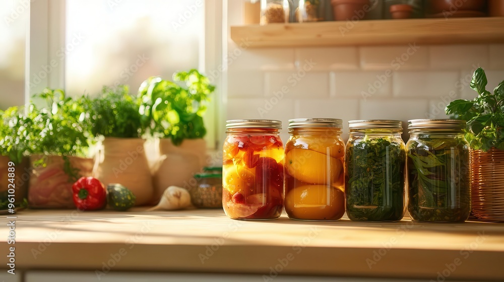 A cozy farm kitchen with jars of preserved fruits and vegetables, warm light streaming through the window, Realism, Earthy warm colors A cozy farm kitchen with jars of preserved fruits and vegetables, warm light streaming through the window, Realism, Earthy warm colors