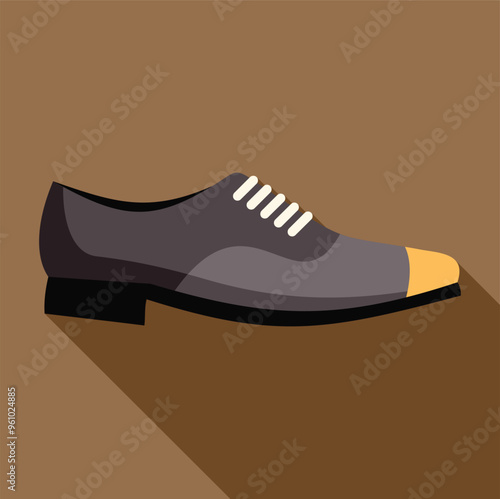 Men's classic shoe with laces standing on brown background, in flat style with long shadow