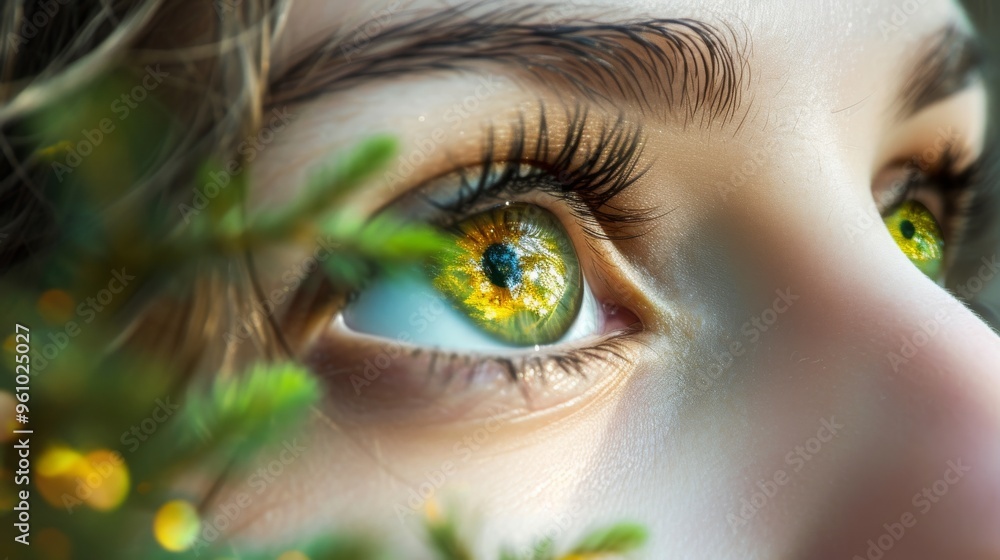 A close-up of a human eye reflecting vibrant nature intertwined with technology. The image represents the harmonious coexistence of natural elements and advanced technology, suggesting a future where A close-up of a human eye reflecting vibrant nature intertwined with technology. The image represents the harmonious coexistence of natural elements and advanced technology, suggesting a future where