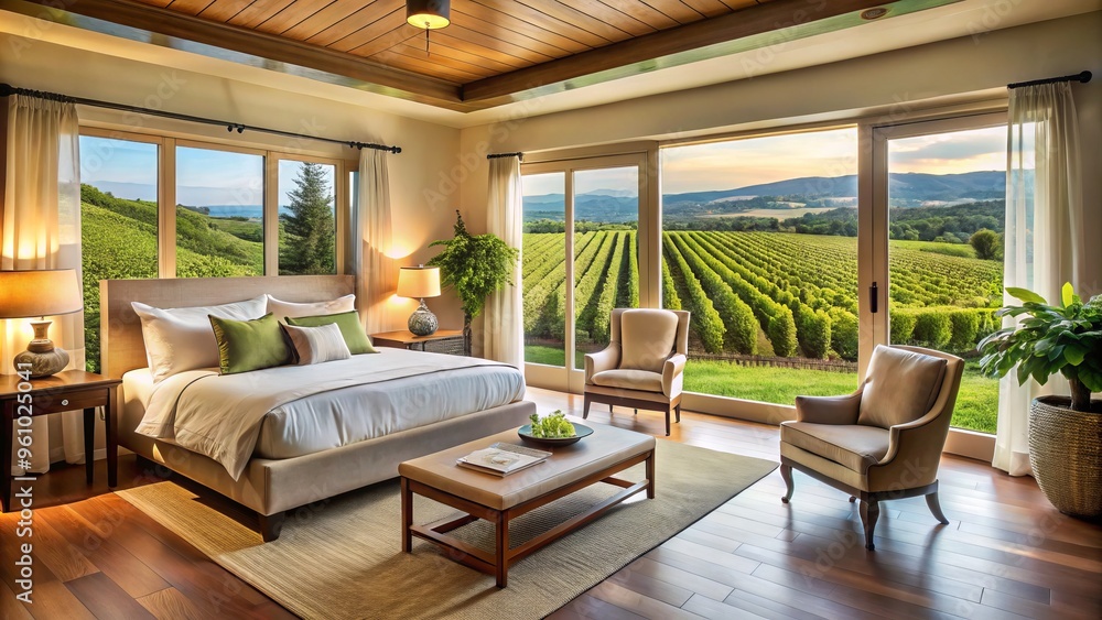 Cozy bedroom with a view of a sprawling vineyard, featuring elegant furniture in neutral tones and natural materials Cozy bedroom with a view of a sprawling vineyard, featuring elegant furniture in neutral tones and natural materials
