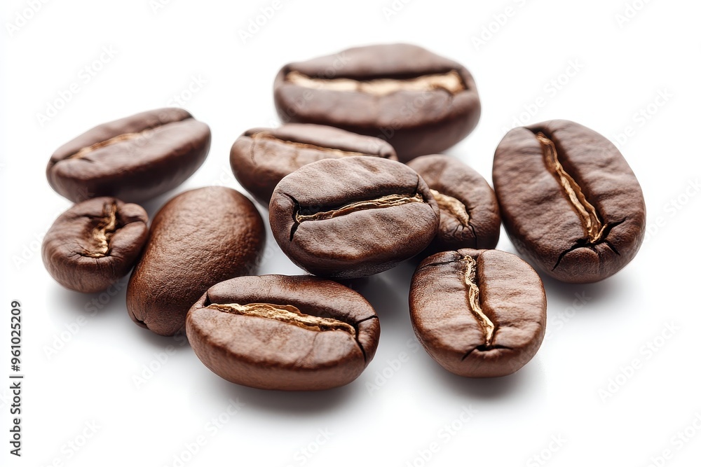 A collection of roasted coffee beans arranged on a white background. A collection of roasted coffee beans arranged on a white background.