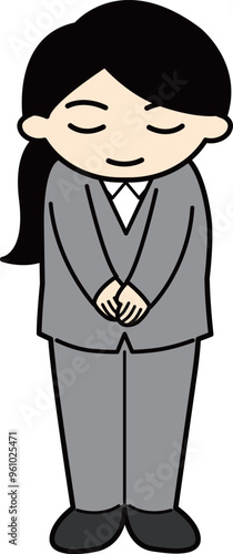 お辞儀をするパンツスーツの女性