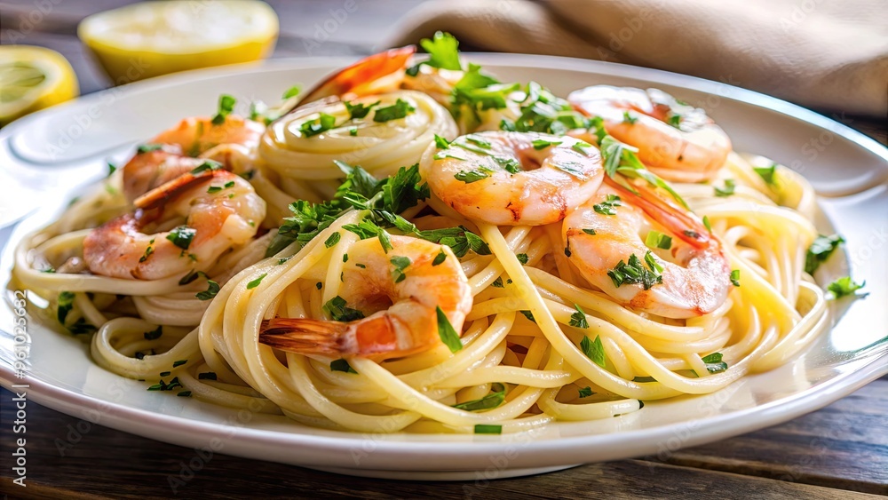Close up of delicious shrimp scampi dish served on a white plate Close up of delicious shrimp scampi dish served on a white plate