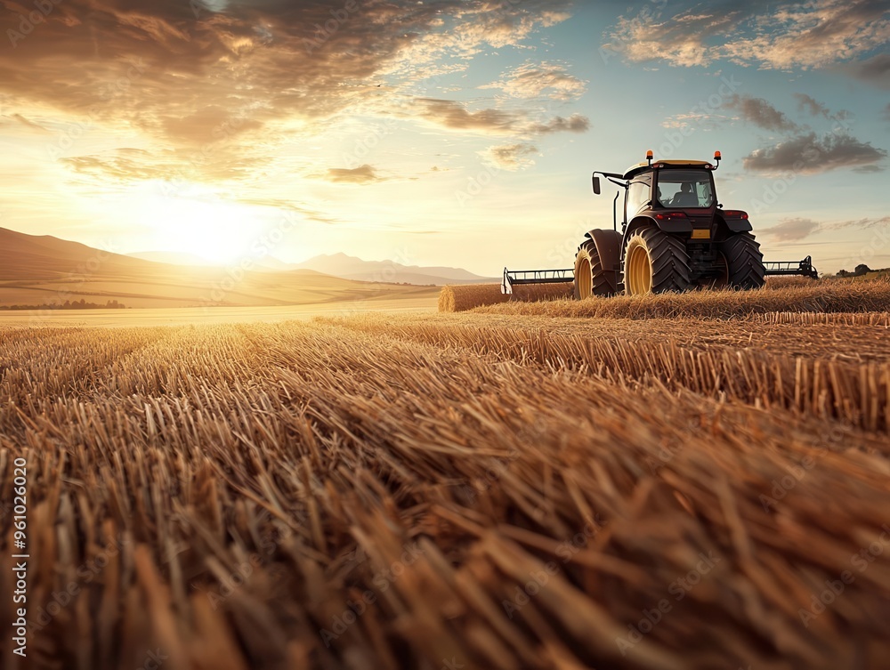 Fototapeta premium Harvesting hay on a warm summer day, with the sun setting behind a tractor, Realism, Earthy warm hues