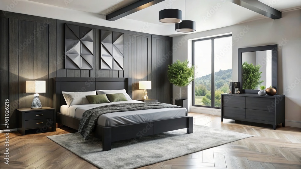 DIY black bedroom furniture in a modern minimalist style with clean lines and geometric shapes DIY black bedroom furniture in a modern minimalist style with clean lines and geometric shapes
