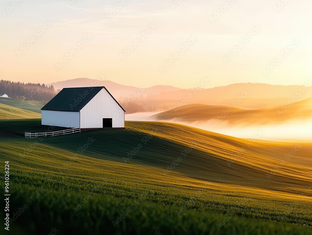 A scenic view of a farm at sunrise, with fog lifting from the fields and the warmth of the morning sun, Realistic, Soft colors A scenic view of a farm at sunrise, with fog lifting from the fields and the warmth of the morning sun, Realistic, Soft colors