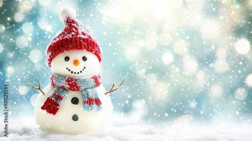 Little cute snowman in a knitted hat and scarf on snow on a sunny winter day. Christmas card