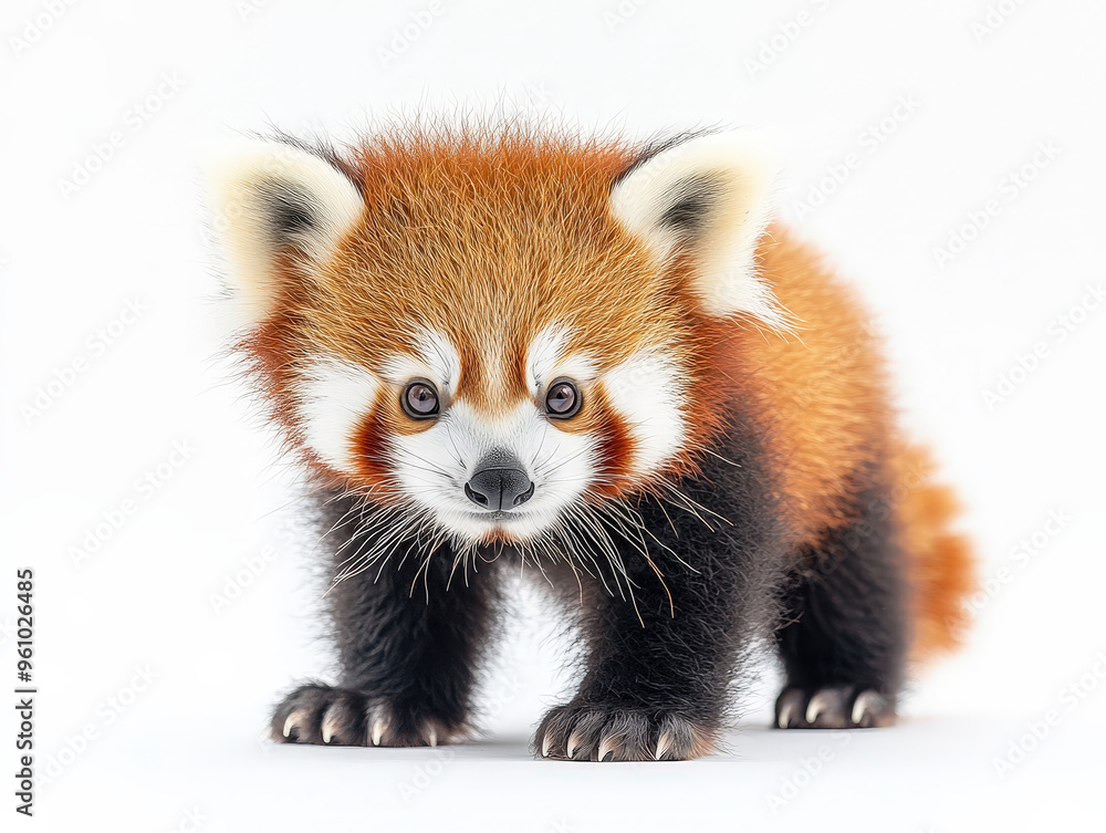 Curious Joy: Playful Baby Red Panda with Fluffy Fur and Ringed Tail on White Background Curious Joy: Playful Baby Red Panda with Fluffy Fur and Ringed Tail on White Background