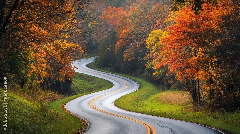 Naklejka premium A winding road through a forest with vibrant autumn foliage.