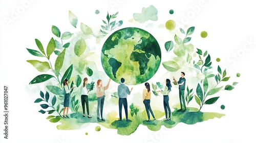 Green watercolor flat design illustrating corporate social responsibility with a focus on environmental sustainability