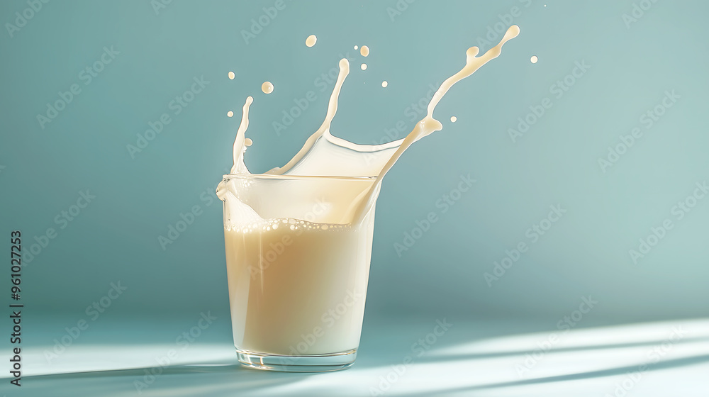 glass of milk with a flowing, elegant splash, the liquid arching beautifully against a soft blue backdrop glass of milk with a flowing, elegant splash, the liquid arching beautifully against a soft blue backdrop