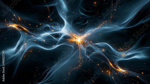 Abstract Blue and Gold Light Lines with Glowing Particles