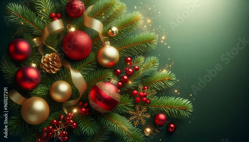 A festive holiday background featuring evergreen pine branches adorned with red and gold Christmas ornaments. Delicate sparkles and a light dusting of glitter enhance the festive atmosphere