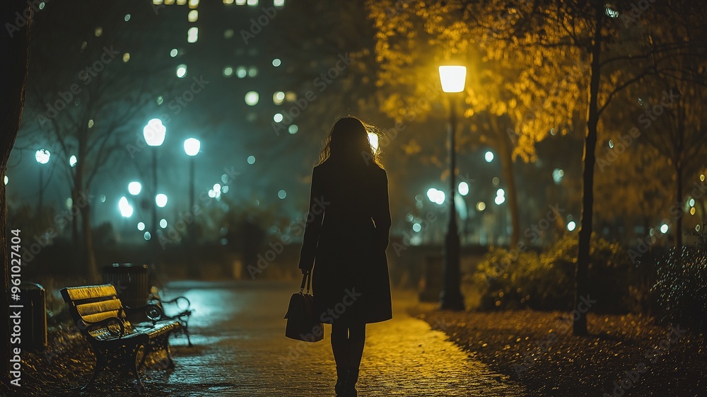 In the late hours of the night, a woman strolls across the city park while holding a purse. In the late hours of the night, a woman strolls across the city park while holding a purse.