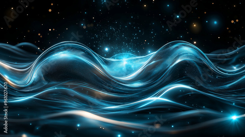 Abstract blue glowing lines and particles transparent background