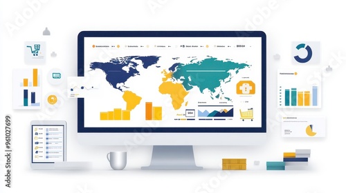 Global e-commerce dashboard with sales insights, close-up on regional performance data and market trends