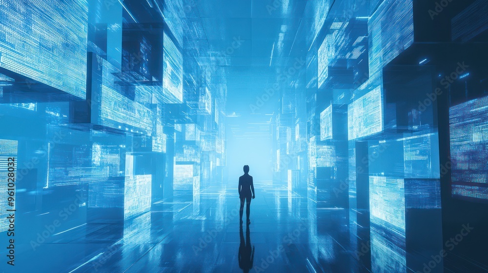 A solitary figure standing in a futuristic digital world A solitary figure standing in a futuristic digital world