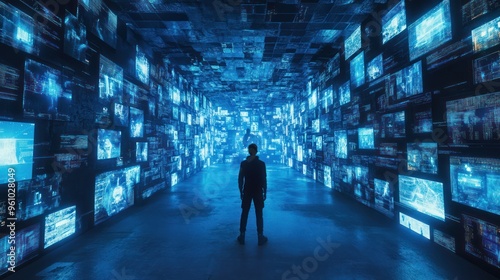 Man Standing in a Tunnel of Screens