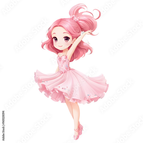 Cute girl cartoon in pink dress Clipart, on transparent background, png, cutout