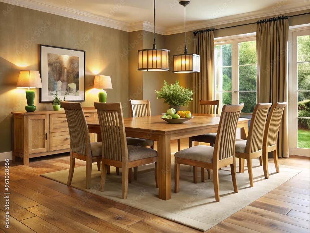 Elegant oak dining table and chairs adorn a charming room where warm lighting fosters a sophisticated dining ambiance. Elegant oak dining table and chairs adorn a charming room where warm lighting fosters a sophisticated dining ambiance.