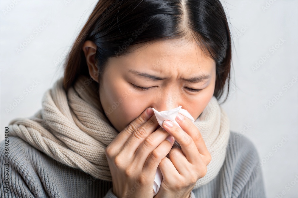Woman blowing nose into tissue, showing illness symptoms Woman blowing nose into tissue, showing illness symptoms
