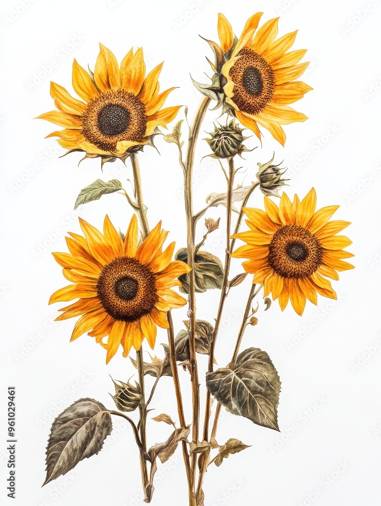 A close up of four sunflowers with a white background A close up of four sunflowers with a white background