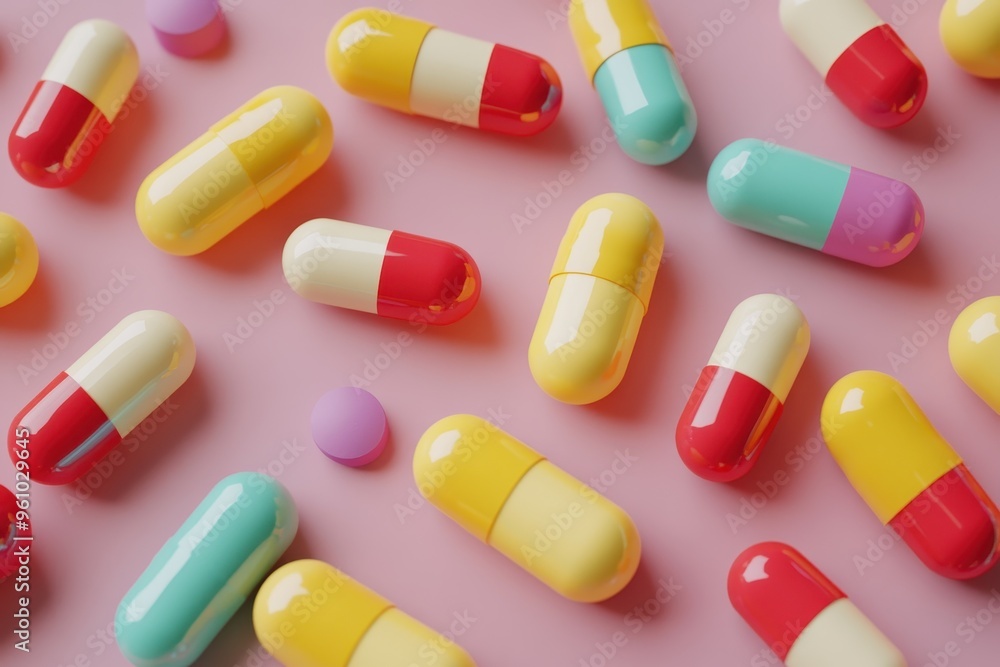 A colorful array of pills are scattered across a pink background A colorful array of pills are scattered across a pink background