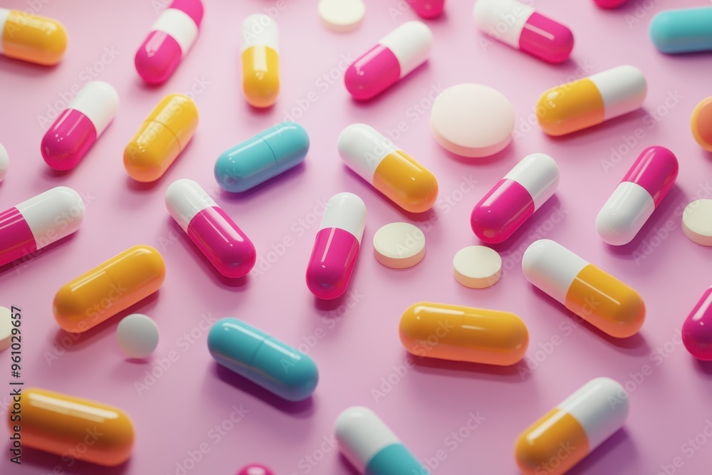 A colorful array of pills on a pink background A colorful array of pills on a pink background