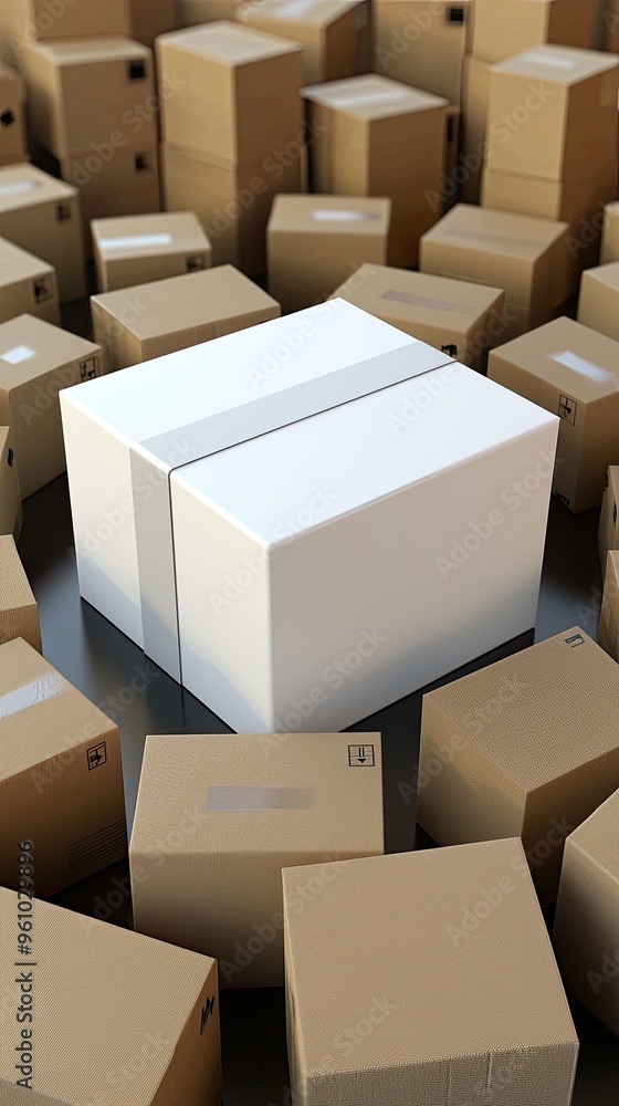 An isolated white box surrounded by various brown shipping boxes, symbolizing supply and logistics in the shipping industry. An isolated white box surrounded by various brown shipping boxes, symbolizing supply and logistics in the shipping industry.