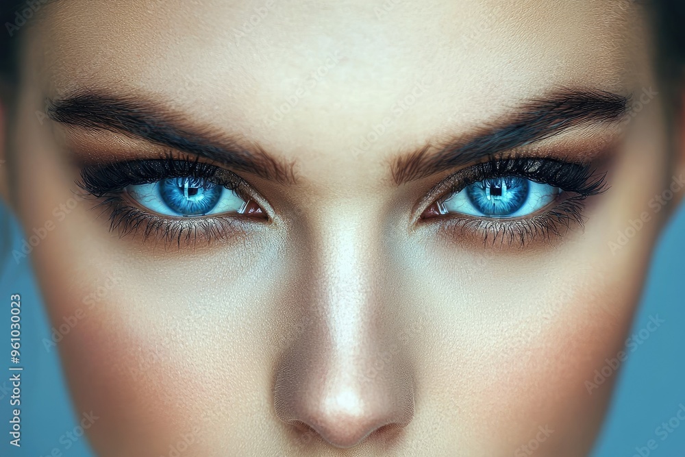 Obraz premium Close-up portrait capturing striking blue eyes and flawless skin, showcasing beauty and elegance in stunning detail.