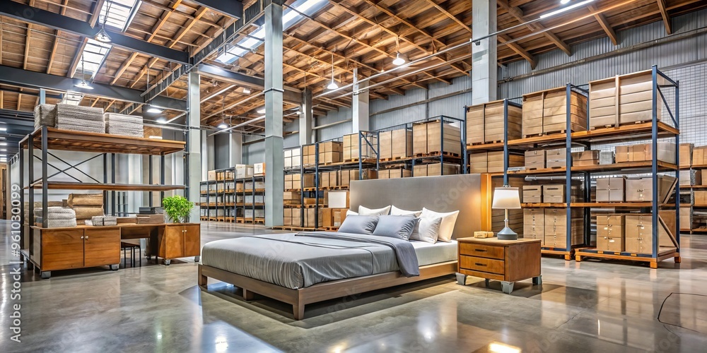 In a large warehouse in Long Beach, California, modern bedroom furniture is stored and organized with precision, ready In a large warehouse in Long Beach, California, modern bedroom furniture is stored and organized with precision, ready