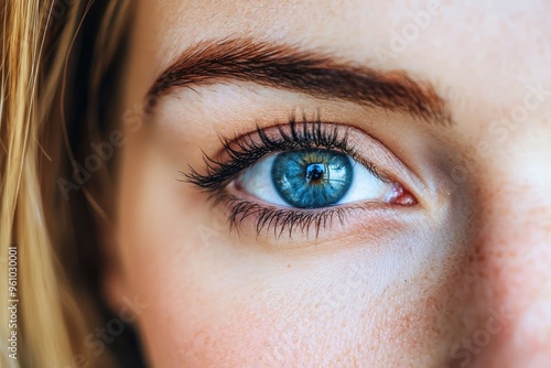 Close-up of an eye with striking blue color and detailed eyelashes, showcasing natural beauty and expressive features.