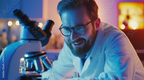 A focused scientist wearing glasses is analyzing a sample under a microscope in a modern laboratory. The bright, colorful background and the scientist