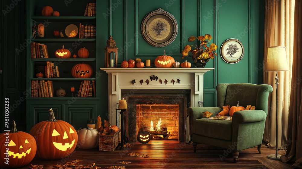Obraz premium Beautiful Halloween theme decorated living room, Lifestyle Halloween season family house interior