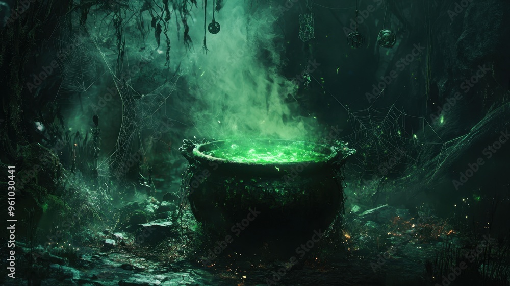 Mystical Cauldron with Green Smoke in the Forest. Mystical Cauldron with Green Smoke in the Forest.