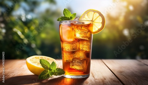 紅茶にレモンのスライスとミントが添えられているTea with lemon slices and mint