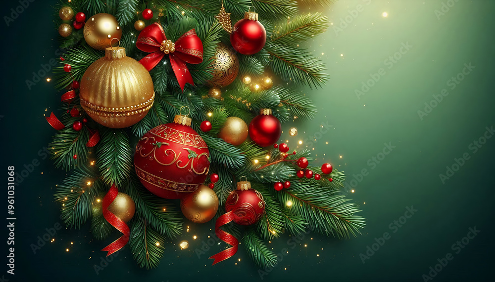 Naklejka premium A festive holiday background featuring evergreen pine branches adorned with red and gold Christmas ornaments. Delicate sparkles and a light dusting of glitter enhance the festive atmosphere
