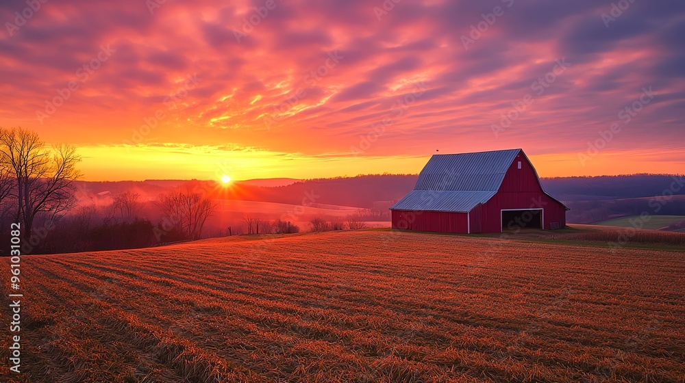 A red barn stands in a field with a colorful sunset in the background. A red barn stands in a field with a colorful sunset in the background.