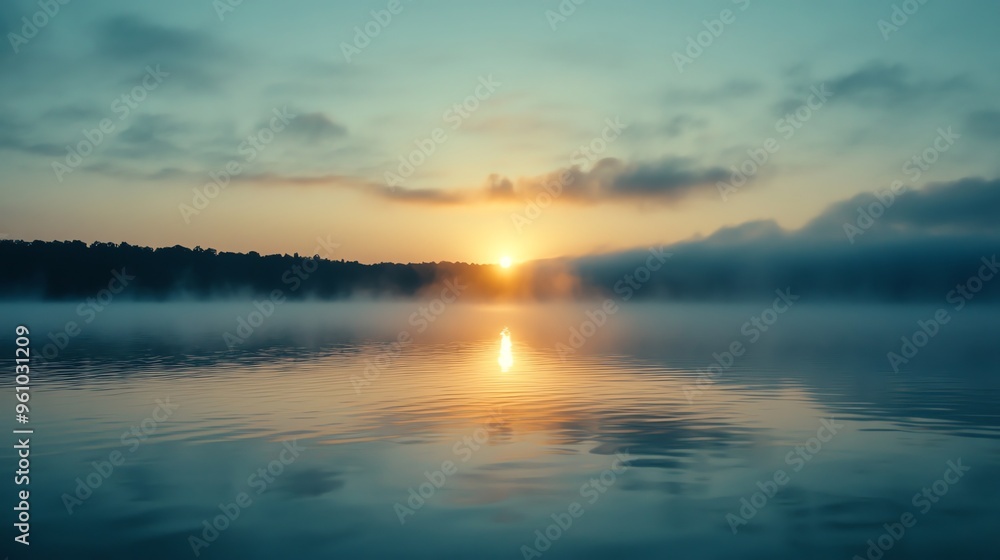 Naklejka premium A misty sunrise over a still lake, reflecting the golden light.