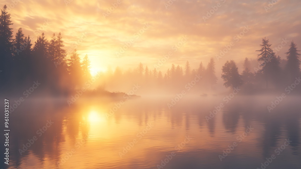 A tranquil scene of a foggy lake at sunrise with golden light reflecting on the water. A tranquil scene of a foggy lake at sunrise with golden light reflecting on the water.