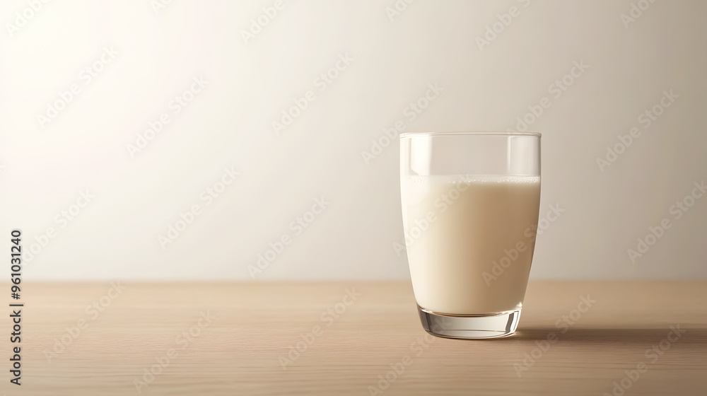 simple glass of milk on a smooth wooden table, with a minimalist white background simple glass of milk on a smooth wooden table, with a minimalist white background