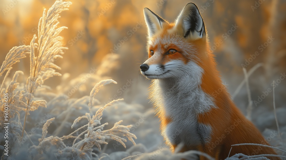 Obraz premium In the grass, a red fox is standing.