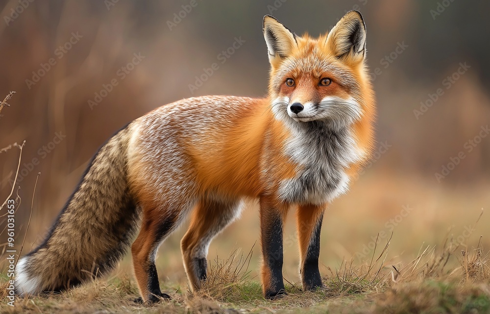 In the grass, a red fox is standing. In the grass, a red fox is standing.