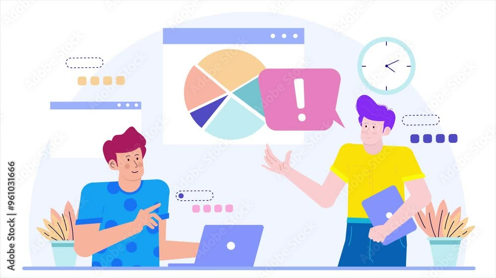two coworkers discussing data analysis with charts and laptop in a modern office setting illustration illustration business animated video two coworkers discussing data analysis with charts and laptop in a modern office setting illustration illustration business animated video