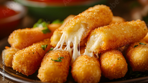 A plate of mozzarella sticks being pulled apart, revealing stretchy, melted cheese inside the crispy breading, with marinara sauce in the background