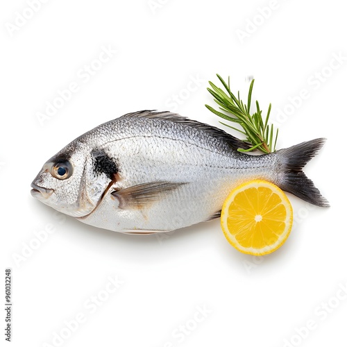 Close up Macro Shot of Fresh Raw Madai Sea Bream on White Background photo