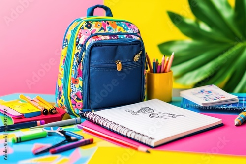 A colorful backpack surrounded by art supplies and a sketchbook on a vibrant table.